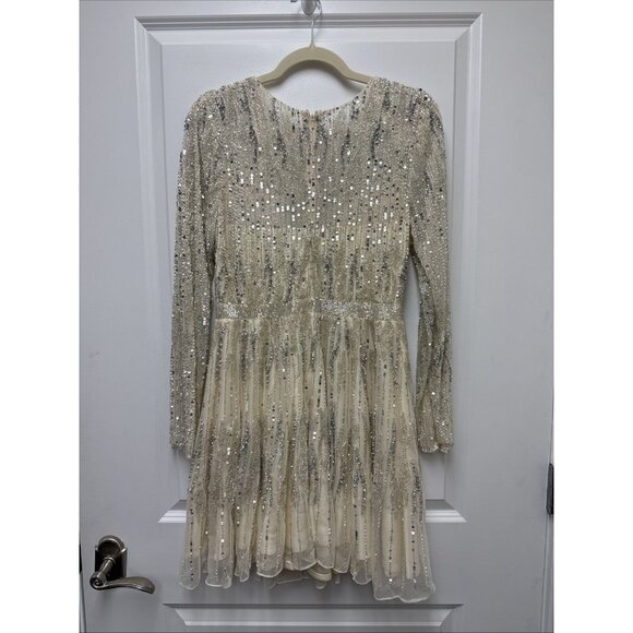 Mac Duggal Size 8 5923 Nude Silver Long Sleeve Embellished Cocktail Dress $498 - Picture 7 of 16